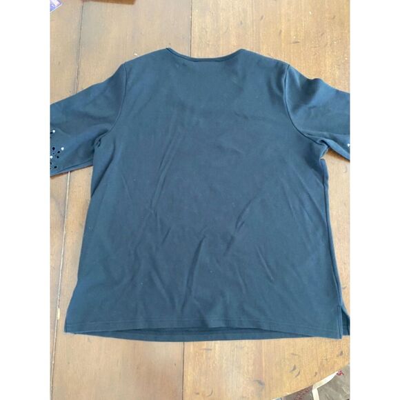 Quacker Factory T-Shirt Women Large Black Bling Cotton Scallop Sleeve Round Neck - Picture 8 of 10